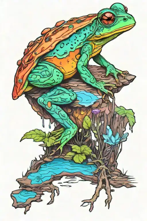 An small astronaut frog exploring an alien planet landscape with a neon lake, crystal and small glowing flora tattoo design idea