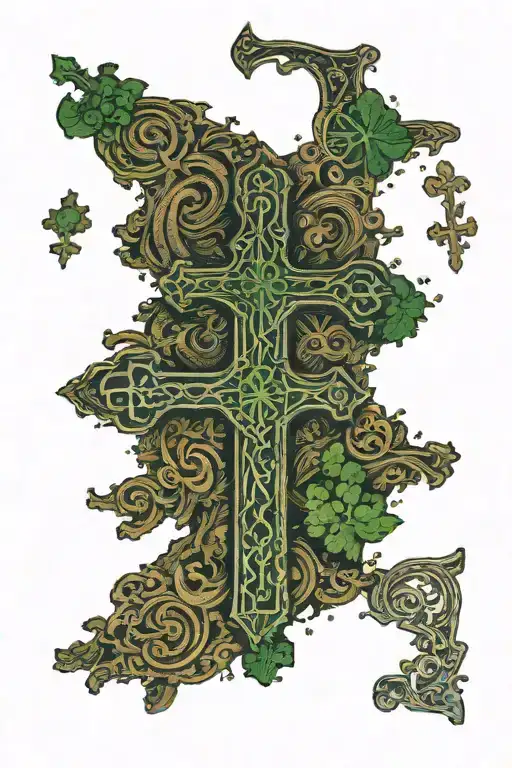 A cross made up of traditional Irish symbols and imagery, with a subtle map of Ireland hidden within the design tattoo design idea