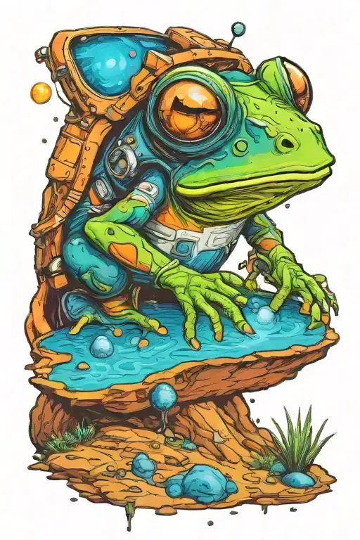 An astronaut frog exploring an alien planet landscape with a glowing lake, crystal formations and small glowing flora tattoo design idea