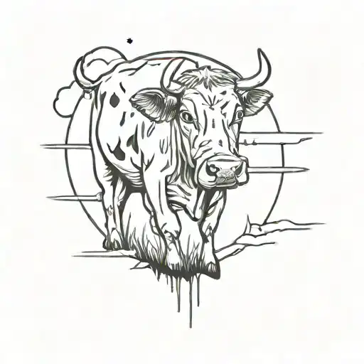 A cow peacefully grazing under a mysterious UFO beam tattoo design idea