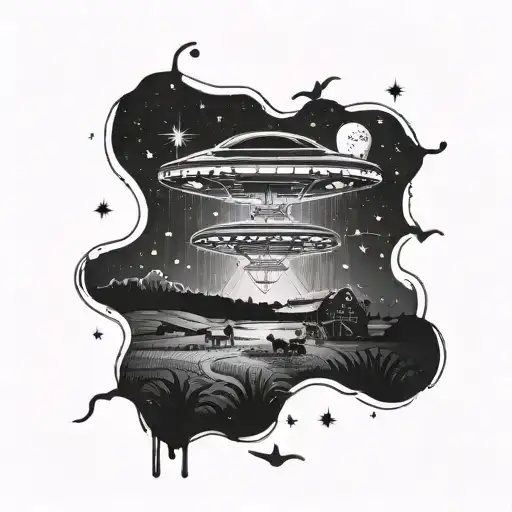 A UFO hovering over a farm at night, with mysterious lights beaming down onto a field of cows tattoo design idea