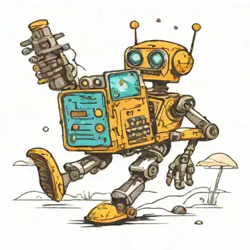 Create a tattoo of a robot playing jazz on an alien planet landscape tattoo design idea