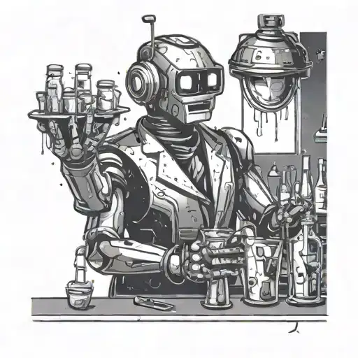 Design a robot bartender mixing cocktails in a space-themed jazz bar tattoo design idea