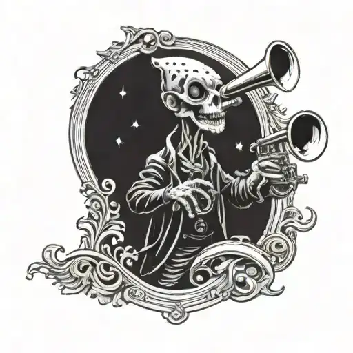 A cosmic pirate alien playing a trumpet in a jazz club tattoo design idea