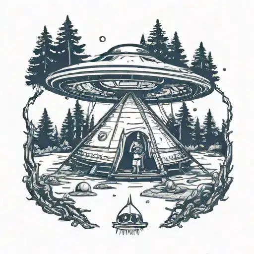 A UFO abducting a tent in the woods tattoo design idea