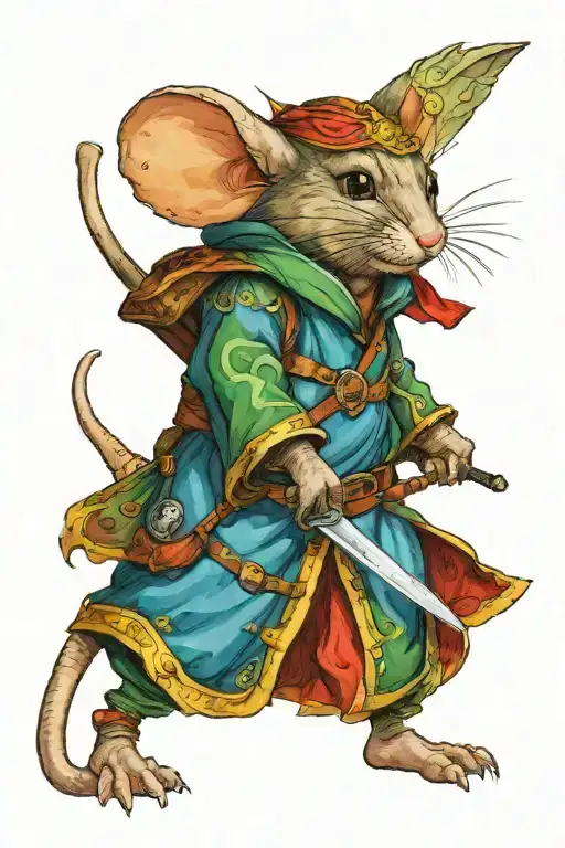 Mouse warrior dresses in a green robe wielding a fiery sword and a blue shield.  tattoo design idea