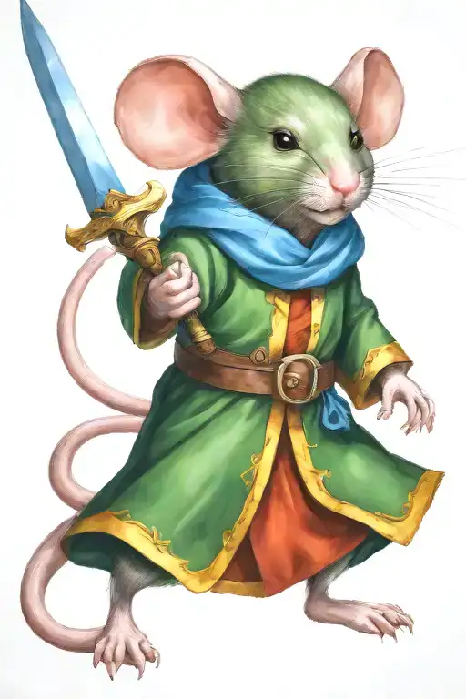 Mouse warrior dresses in a green robe wielding a fiery sword and a blue shield.  tattoo design idea