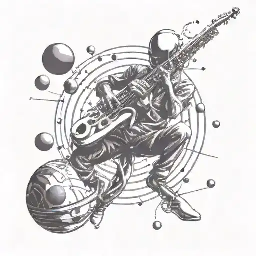 A futuristic alien saxophonist floating in zero gravity with planets as musical notes tattoo design idea
