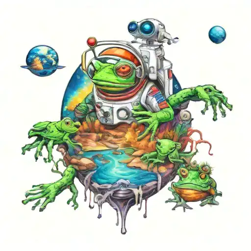 A mystical scene of an astronaut frog encountering a group of extraterrestrial creatures in a colorful and vibrant alien landscape tattoo design idea