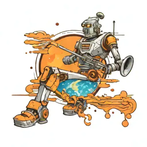 Create a tattoo of a robot playing a trumpet  on an alien planet landscape tattoo design idea