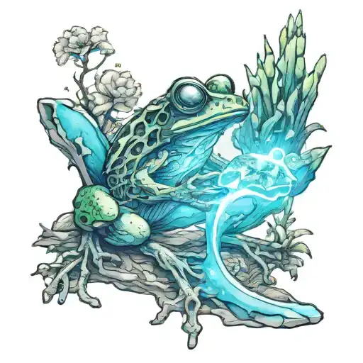 An astronaut frog exploring an alien planet landscape with towering crystal formations and glowing flora tattoo design idea