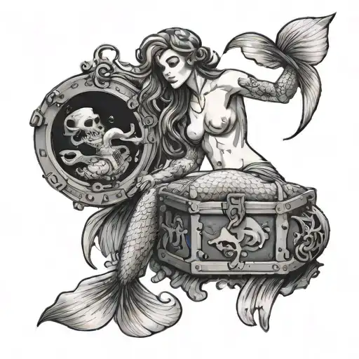 A nude mermaid holding a treasure chest in a mysterious underwater cave tattoo design idea