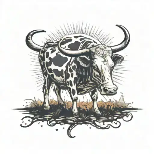 A cow peacefully grazing under a mysterious UFO beam in a dotwork style tattoo design idea