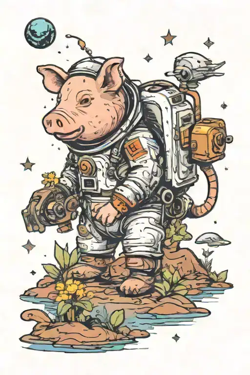 An small astronaut pig exploring an alien planet landscape with a brown mud lake and small glowing flora tattoo design idea