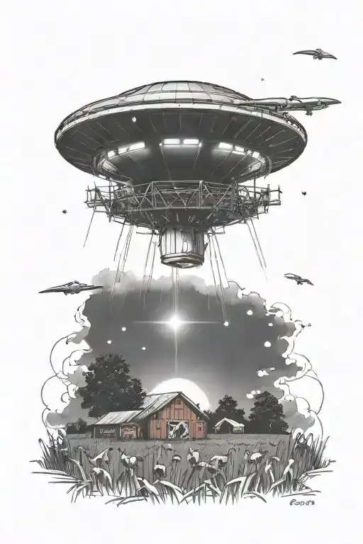 A UFO hovering over a farm at night, with mysterious lights beaming down onto a field of cows tattoo design idea