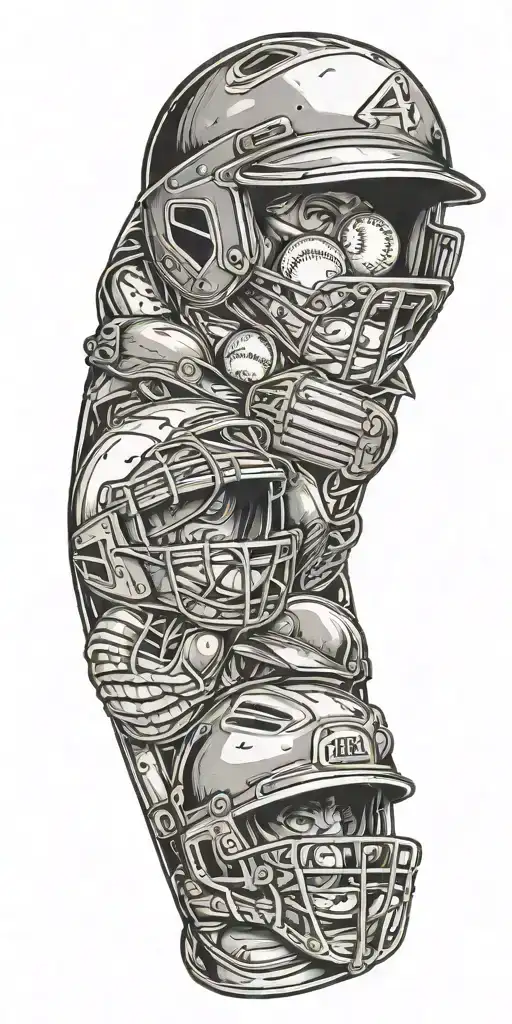 A sleeve tattoo featuring various baseball equipment like gloves, helmets, and bats in a dotwork style tattoo design idea