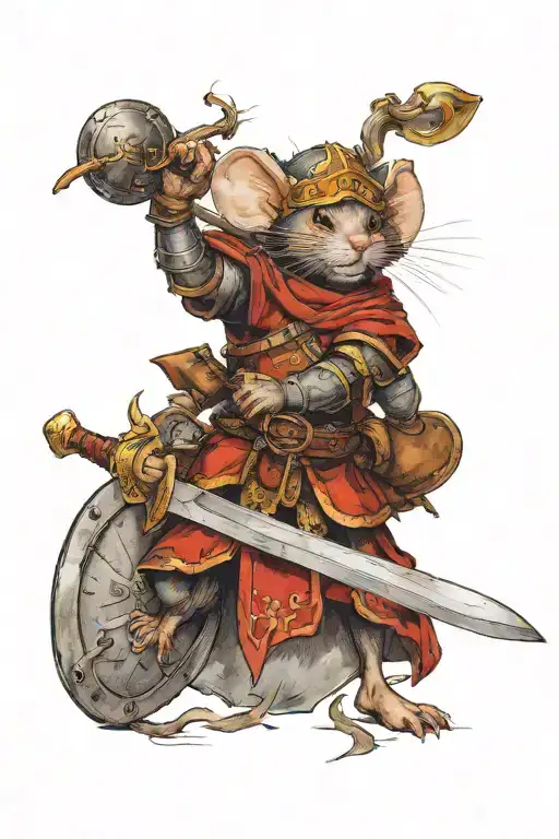 A fierce warrior mouse wielding a sword and shield in battle tattoo design idea