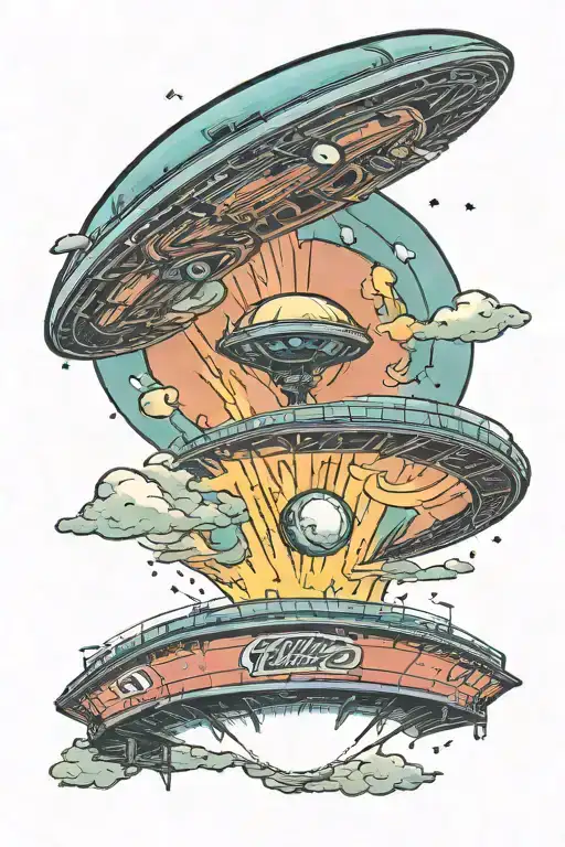 A tattoo of a UFO abduction beam over a baseball stadium tattoo design idea