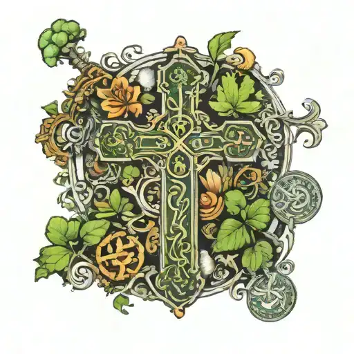 A cross made up of traditional Irish symbols and imagery, with a subtle map of Ireland hidden within the design tattoo design idea