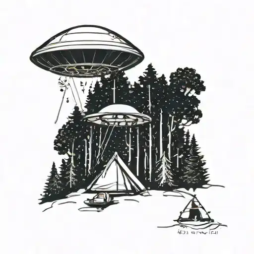 A UFO abducting a tent in the woods tattoo design idea