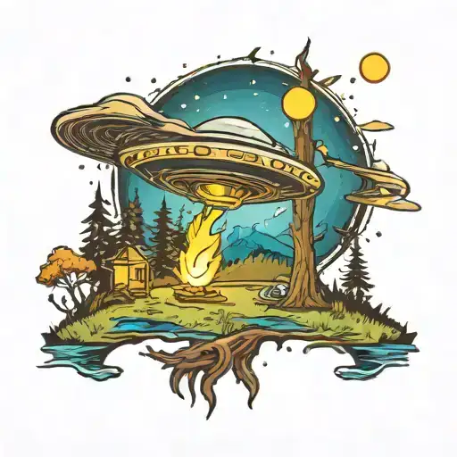 A neotraditional tattoo of an alien abduction beam shining down on a campsite near a lake tattoo design idea