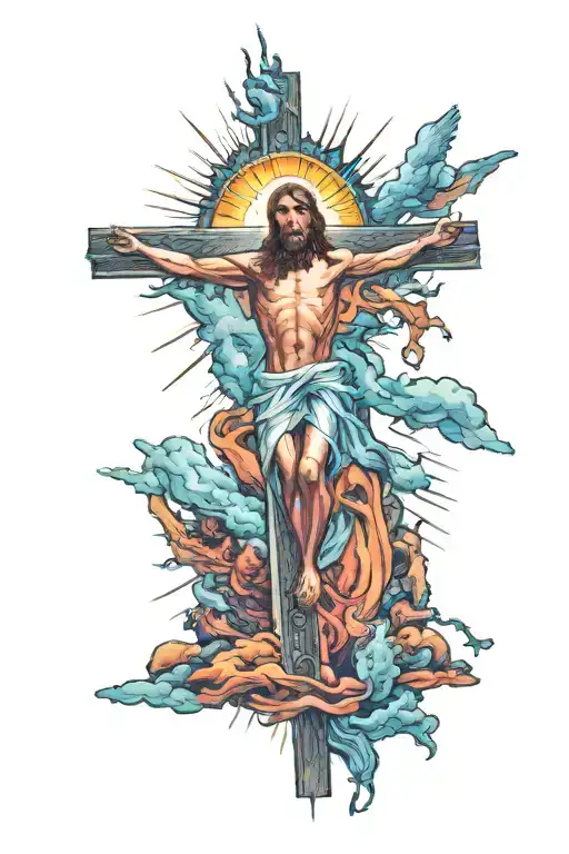 Jesus on the cross with light beams shining down and the Holy Spirit in the background tattoo design idea