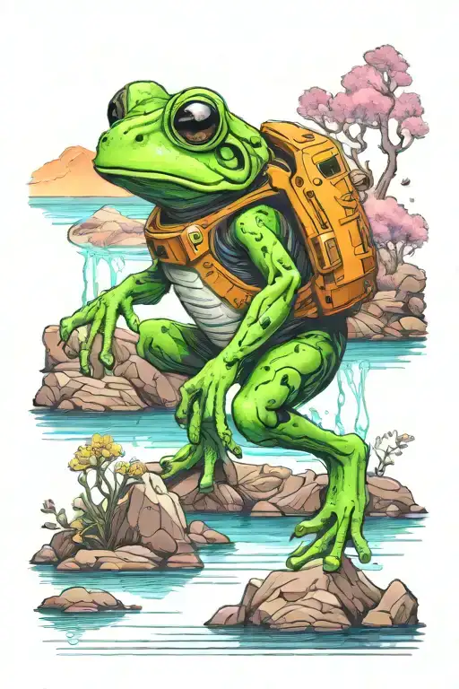 An astronaut frog exploring an alien planet landscape with a neon lake, tall crystal structures and small glowing flora tattoo design idea