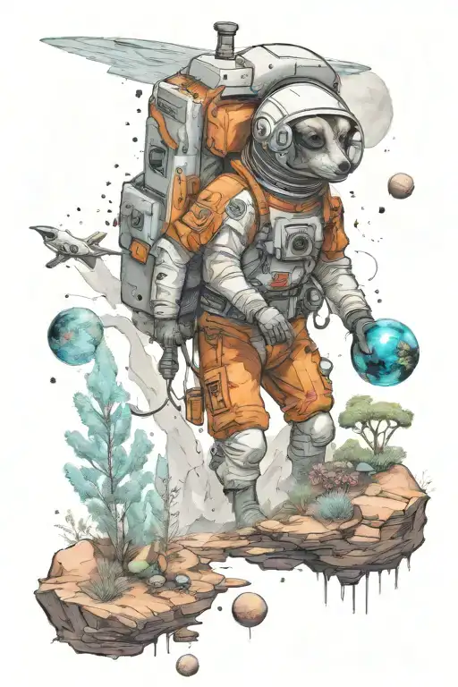 A small astronaut whippet exploring an alien planet landscape with towering crystal formations and small glowing flora tattoo design idea