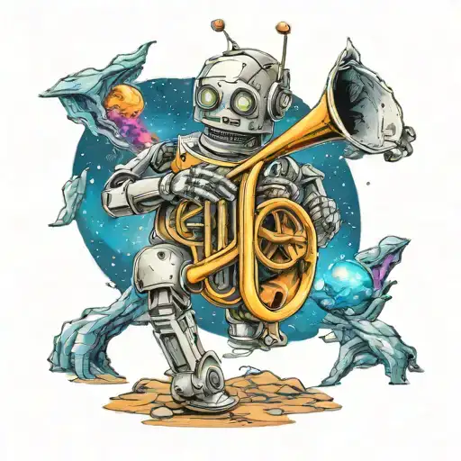 Create a tattoo of a robot playing a trumpet  on an alien planet landscape tattoo design idea