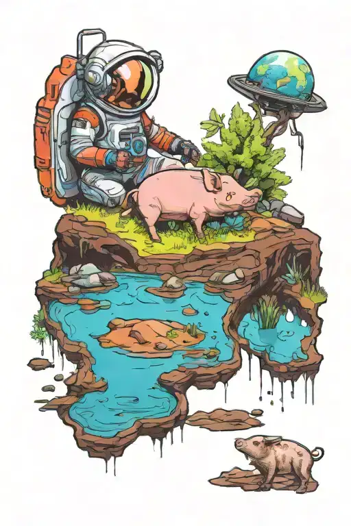 An small astronaut pig exploring an alien planet landscape with a mud lake and small glowing flora tattoo design idea