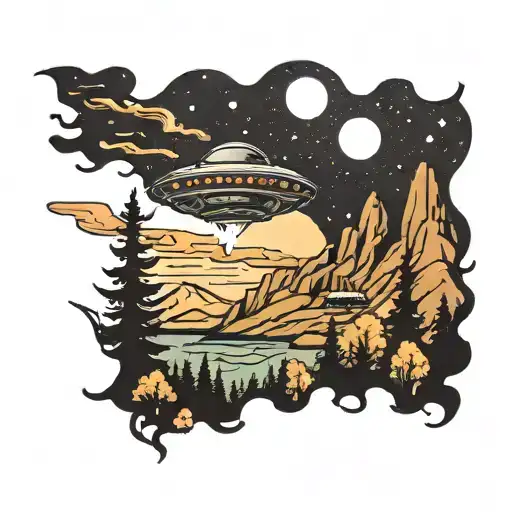 ufo abducting over mountains tattoo design idea