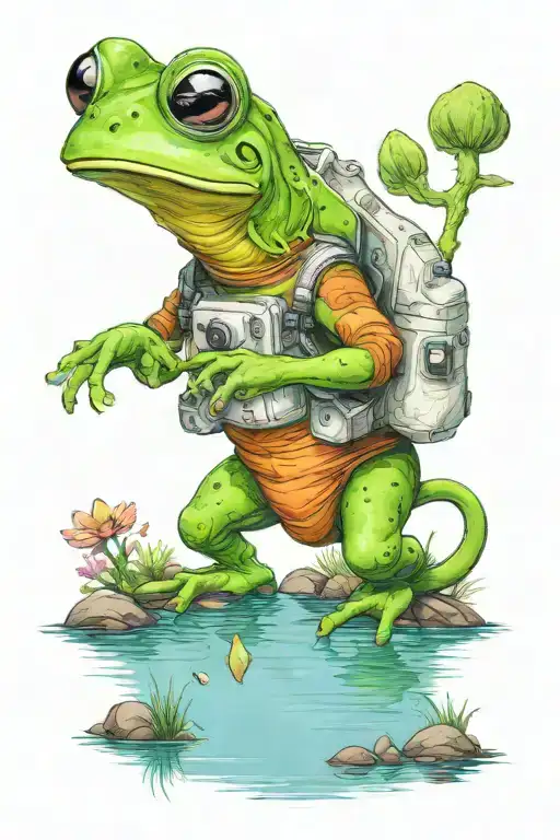 An astronaut frog with a helmet exploring an alien planet landscape with a lake and small glowing flora tattoo design idea