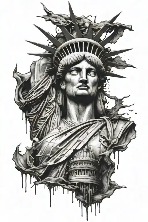 A melancholic Statue of Liberty shedding tears, symbolizing the sorrow of America tattoo design idea