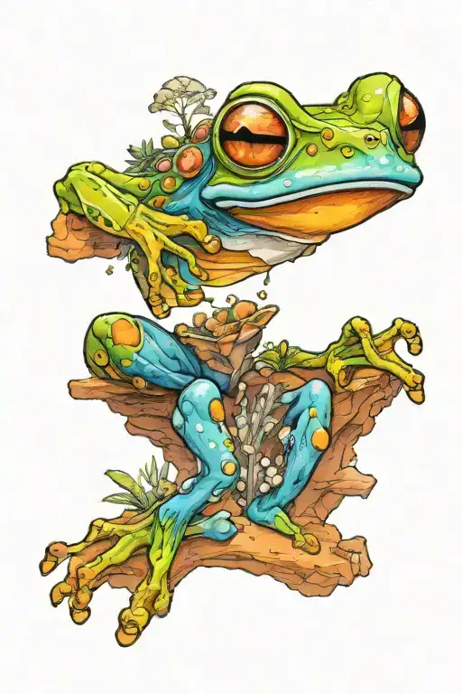 A small astronaut frog exploring an alien planet landscape with crystal formations and small glowing flora tattoo design idea