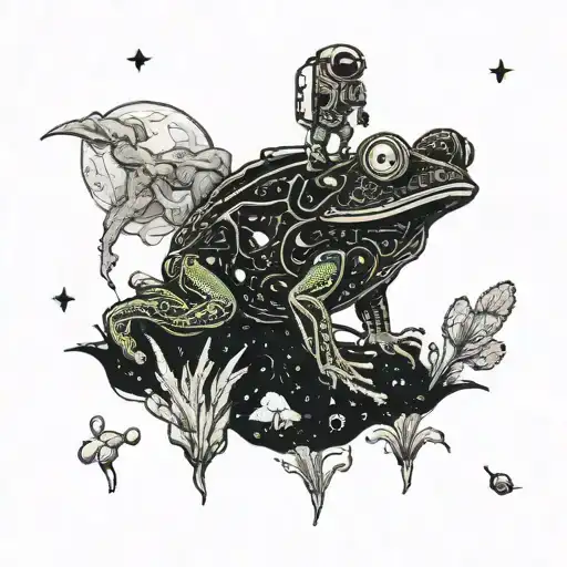 An astronaut frog exploring an alien planet landscape with towering crystal formations and glowing flora tattoo design idea
