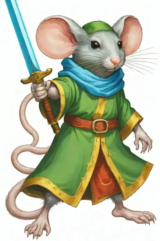 Mouse warrior dresses in a green robe wielding a fiery sword and a blue shield.  tattoo design idea