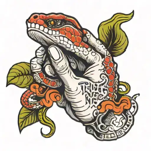 A hand with a snake slithering through the fingers, forming the shape of the words 'Trust no one' tattoo design idea