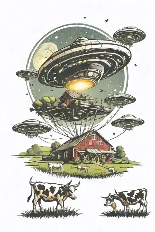 A UFO hovering over a farm at night, with mysterious lights beaming down onto a field of cows tattoo design idea