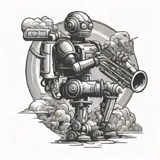 Create a black-grey tattoo of a robot playing a saxophone on an alien planet landscape tattoo design idea
