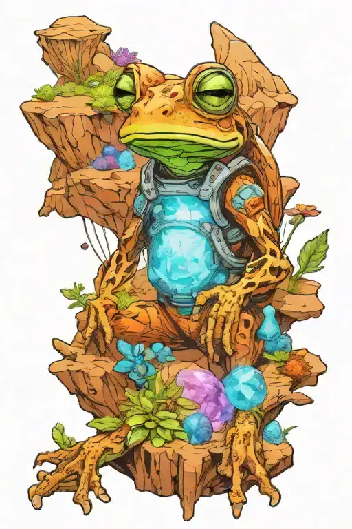 An astronaut frog exploring an alien planet landscape with towering crystal formations and small glowing flora tattoo design idea
