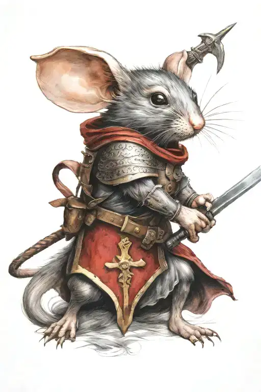 A fierce warrior mouse wielding a sword and shield in battle tattoo design idea