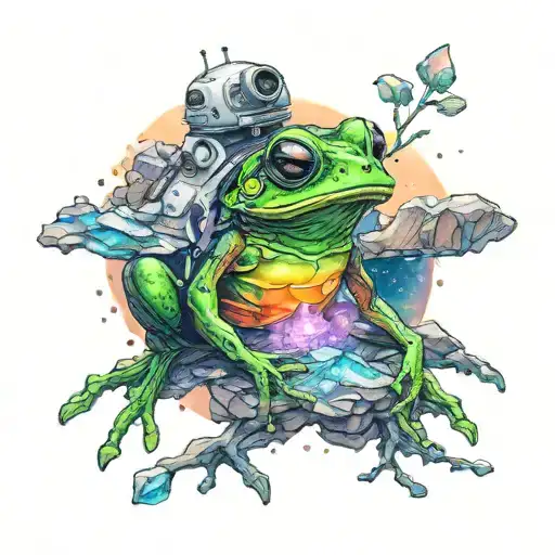 An astronaut frog exploring an alien planet landscape with towering crystal formations and glowing flora tattoo design idea