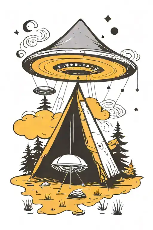 A UFO abducting a tent in the woods tattoo design idea