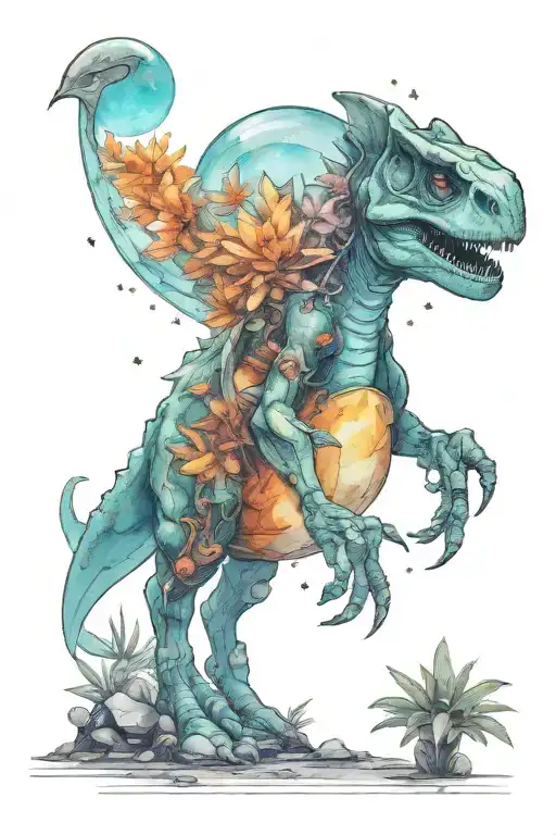 A small astronaut Dino exploring an alien planet landscape with towering crystal formations and small glowing flora tattoo design idea