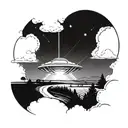 A futuristic UFO beam shining down on a serene farm landscape tattoo design idea