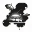 A futuristic UFO beam shining down on a serene farm landscape tattoo design idea
