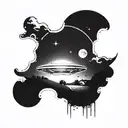 A futuristic UFO beam shining down on a serene farm landscape tattoo design idea