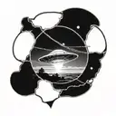 A futuristic UFO beam shining down on a serene farm landscape tattoo design idea
