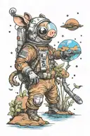 An small astronaut pig exploring an alien planet landscape with a brown mud lake and small glowing flora tattoo design idea