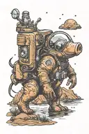 An small astronaut pig exploring an alien planet landscape with a brown mud lake and small glowing flora tattoo design idea